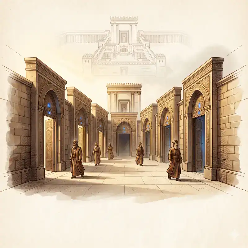 שערי העזרה במכון המקדש, כניסות לאזורי עזרה והכוונה לכניסה למקדש.